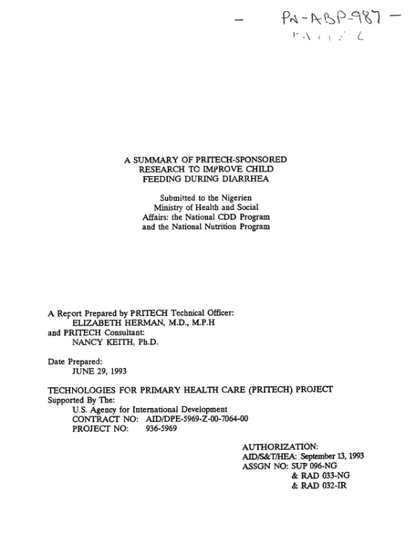Summary of PRITECH - sponsored research to improve child feeding during diarrhea