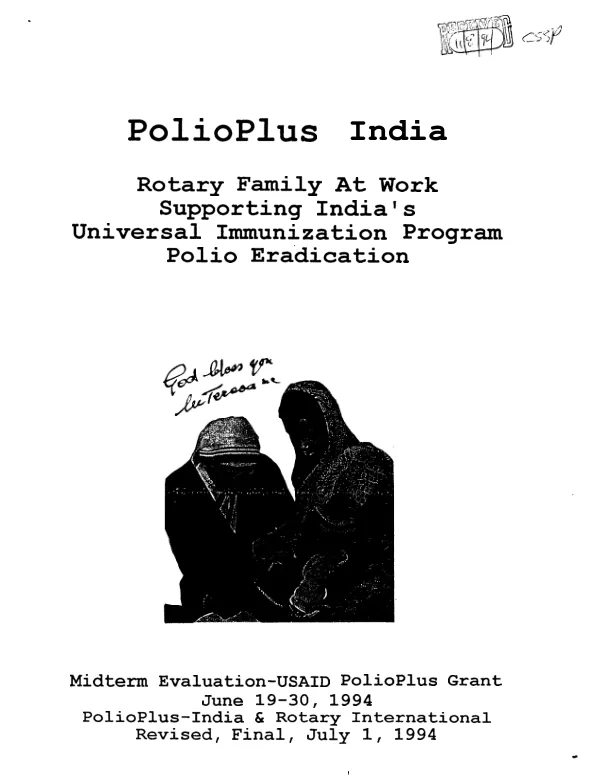 PolioPlus India : Rotary family at work supporting India's universal immunization program [for] polio eradication -- midterm evaluation - USAID PolioPlus grant, June 19-30, 1994