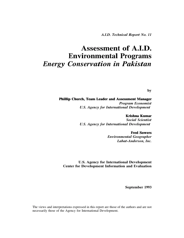 Assessment of AID environmental programs : energy conservation in Pakistan