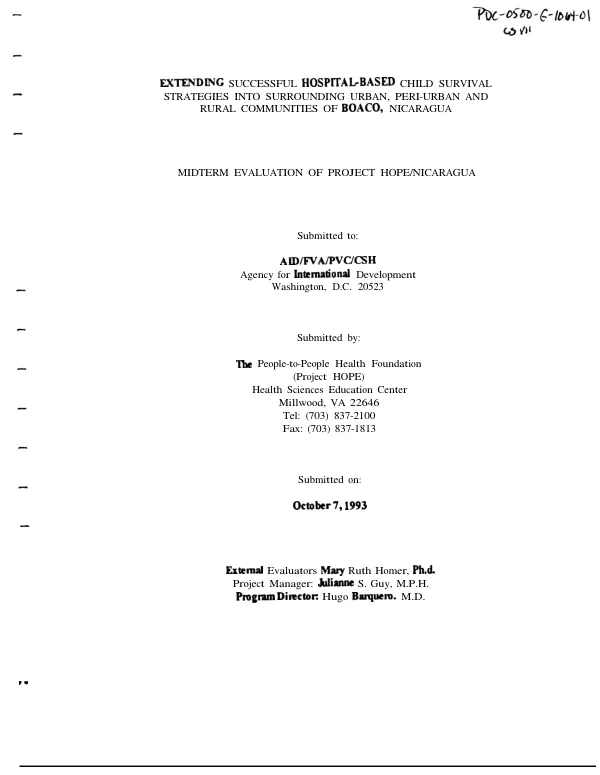 Extending successful hospital-based child survival strategies into surrounding urban, peri-urban and rural communities of Boaco, Nicaragua : midterm evaluation of Project Hope/Nicaragua