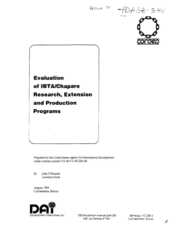 Evaluation of IBTA [Instituto Boliviano de Tecnologia Agropecuaria]/Chapare research, extension and production programs