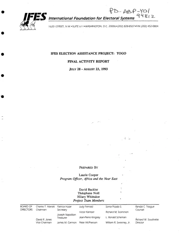IFES election assistance project : Togo -- final activity report, July 28-August 23, 1993