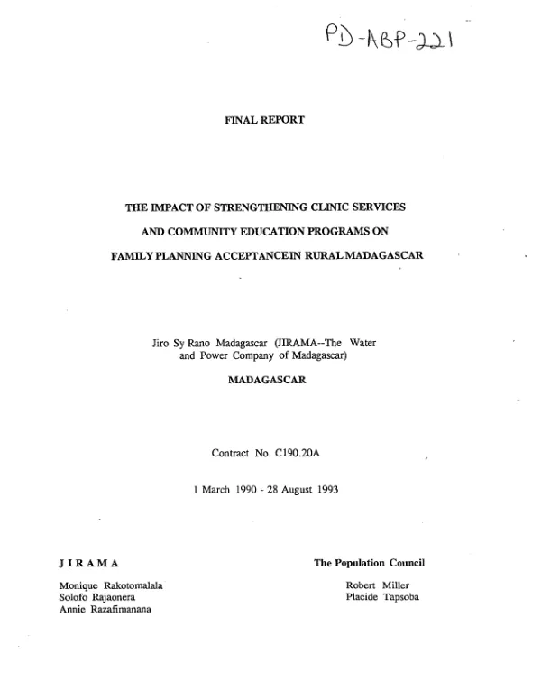 Final report : the impact of strengthening clinic services and community education programs on family planning acceptance in rural Madagascar