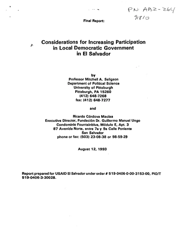 Final report : considerations for increasing participation in local democratic government in El Salvador