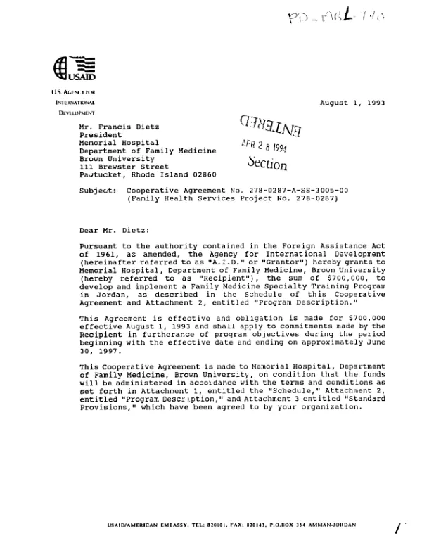 AID cooperative agreement no. 278-0287-A-SS-3005-00 with Memorial Hospital, Dept. of Family Medicine, Brown University under the family health services project no. 278-0287