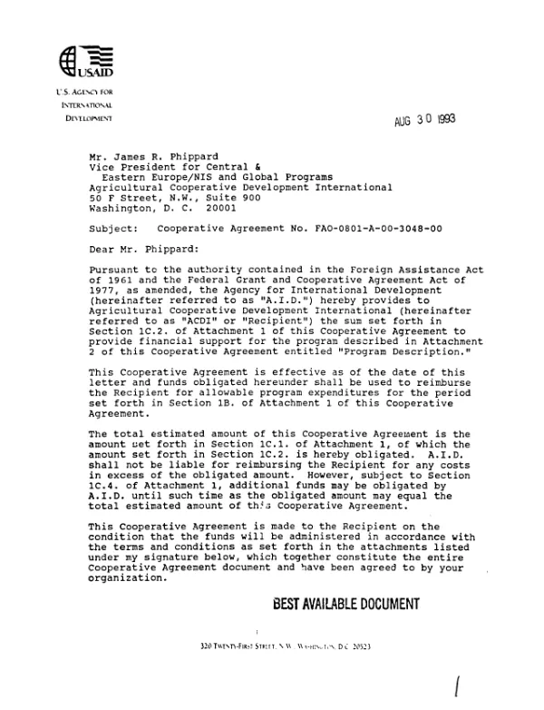 AID cooperative agreement no. FAO-0801-A-00-3048-00 with Agricultural Cooperative Development International (ACDI) in support of its activity, entitled `Institutional support grant proposal", as amended