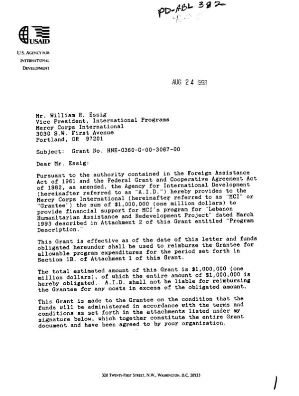 AID grant agreement no. HNE-0360-G-00-3067-00 to Mercy Corps International (MCI)in support of `Lebanon humanitarian assistance and redevelopment project", dated March 1993