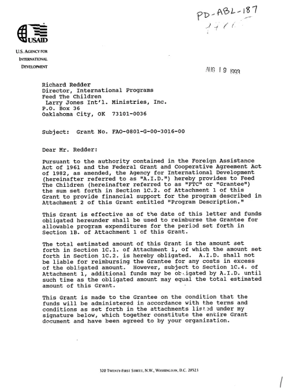 AID grant agreement no. FAO-0801-G-00-3016-00 to Feed the Children (FTC) in support of its proposal, entitled `Title II other child feeding (OCF) program," dated April 26, 1993