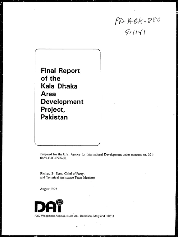 Final report of the Kala Dhaka Area development project [KDADP], Pakistan