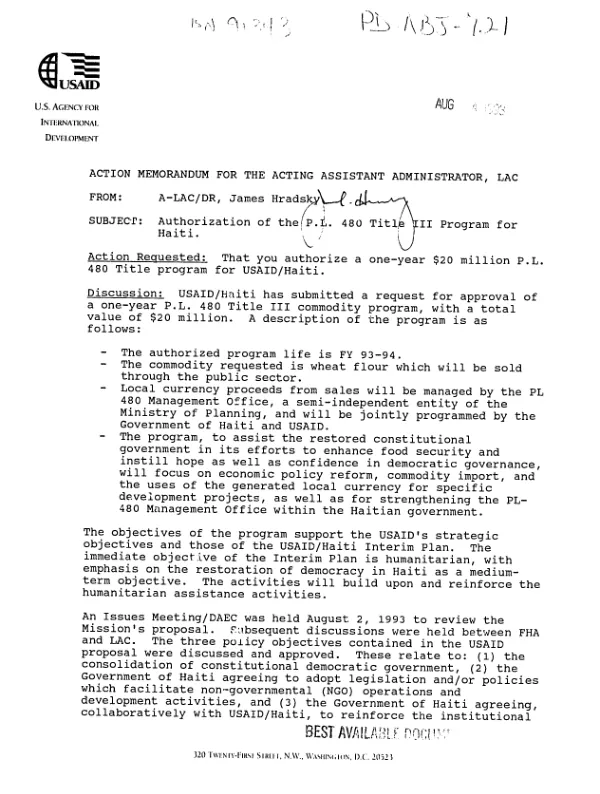 Authorization of the PL 480 Title III program for Haiti for FY 93-94