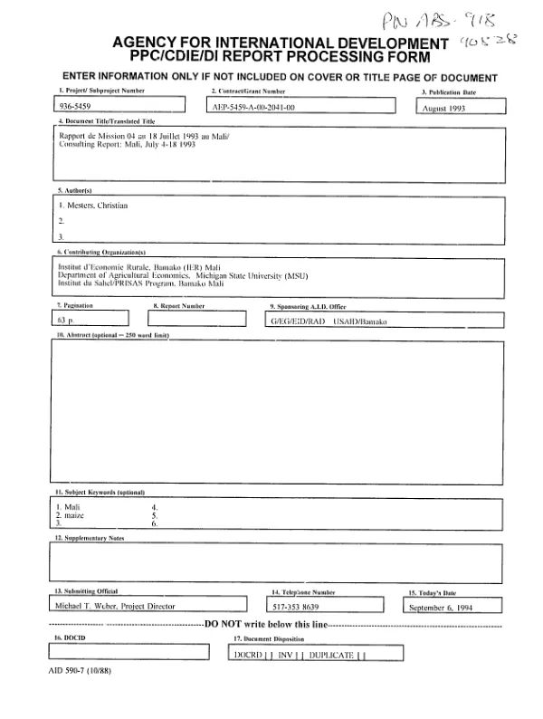 Rapport de mission 04 au 18 juillet 1993 au Mali