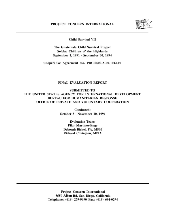 Child survival VII : the Guatemala child survival project -- Solola : children of the highlands -- September 1, 1991-September 30, 1994 : cooperative agreement no. PDC-0500-A-00-1042-00 -- final evaluation report