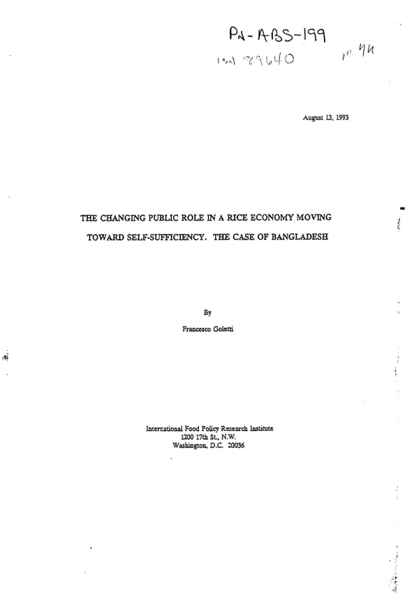 Changing public role in a rice economy moving toward self-sufficiency : the case of Bangladesh