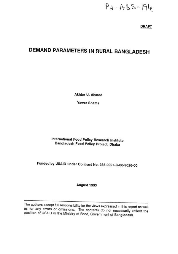 Demand parameters in rural Bangladesh