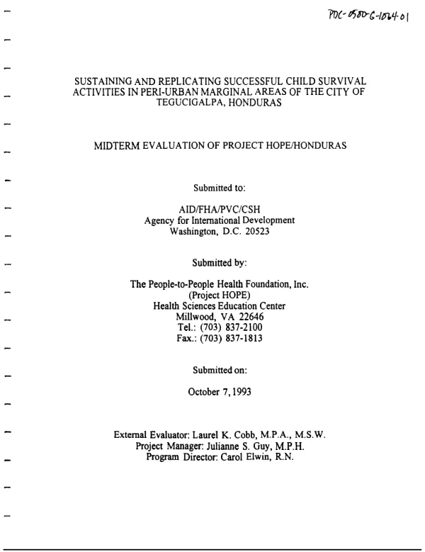 Sustaining and replicating successful child survival activities in peri-urban marginal areas of the city of Tegucigalpa, Honduras : midterm evaluation of Project Hope/Honduras