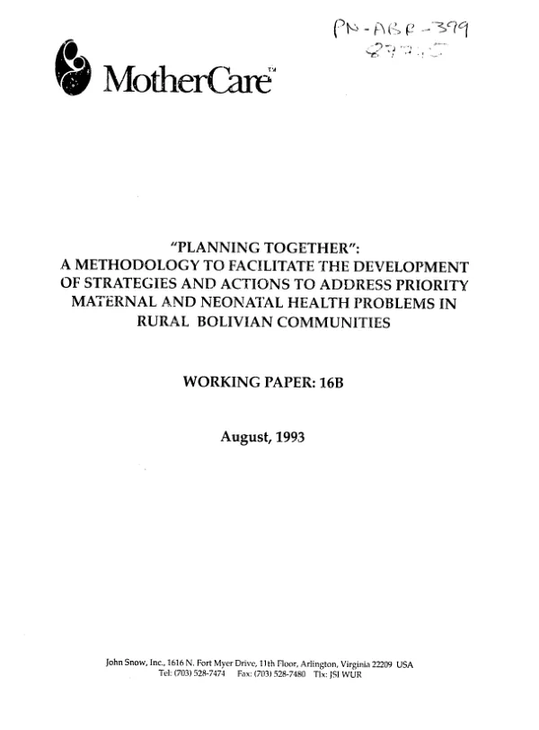 `Planning together" : a methodology to facilitate the development of strategies and actions to address priority maternal and neonatal health problems in rural Bolivian communities