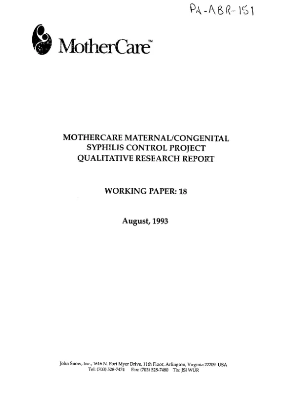 MotherCare maternal/congenital syphilis control project [-- Kenya] : qualitative research report