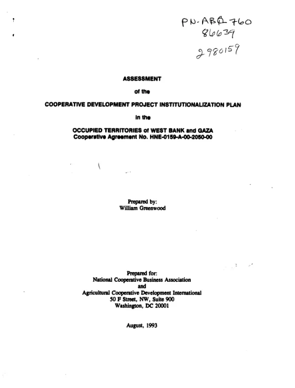 Assessment of the cooperative development project institutionalization plan in occupied territories of West Bank and Gaza, cooperative agreement no. HNE-0159-A-00-2050-00
