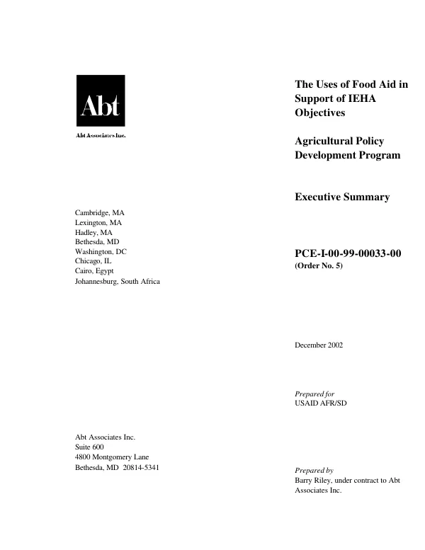 Uses of food aid in support of IEHA objectives : executive summary