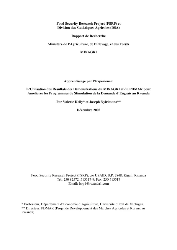 Apprentissage par l"experience : l"utilisation des resultats des demonstrations du MINAGRI et du PDMAR pour ameliorer les programmes de stimulation de la demande d"engrais au Rwanda