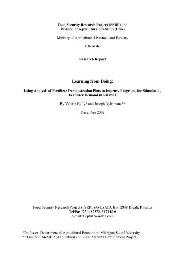 Learning from doing : using analysis of fertilizer demonstration plots to improve programs for stimulating fertilizer demand in Rwanda