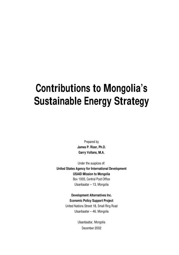 Contributions to Mongolia"s sustainable energy strategy