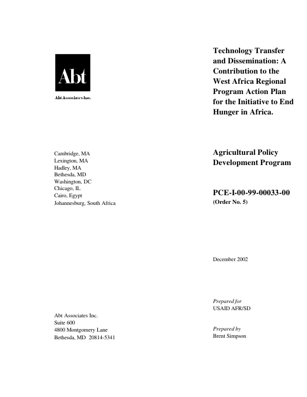 Technology transfer and dissemination : a contribution to the West Africa regional program [WARP] action plan for the initiative to end hunger in Africa [IEHA]