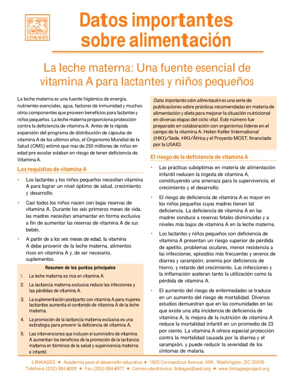 La leche materna : una fuente esencial de vitamina A para lactantes y ninos pequenos