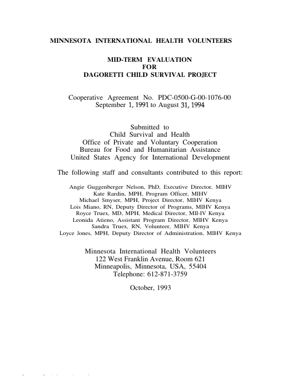 Mid-term evaluation for Dagoretti child survival project : cooperative agreement no. PDC-0500-G-00-1076-00, September 1, 1991 to August 31, 1994