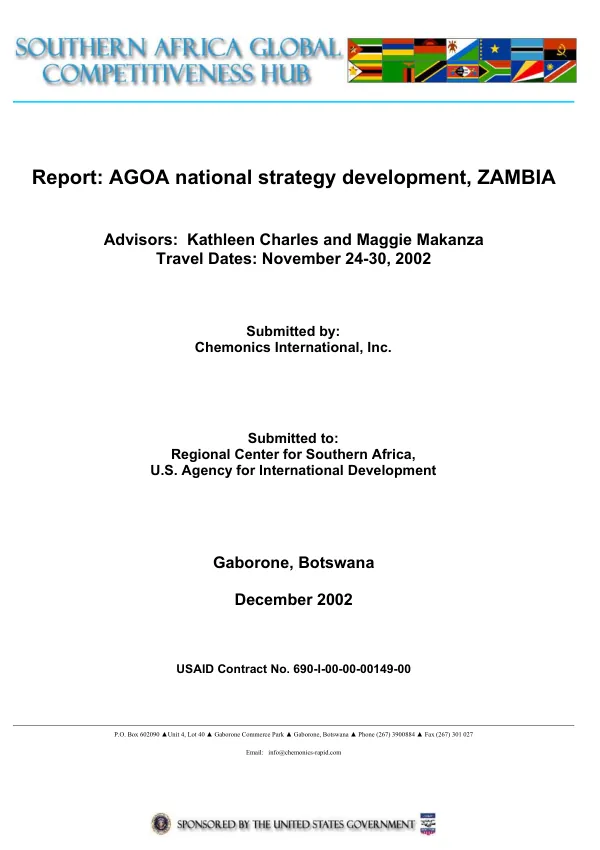 Report : AGOA [African Growth and Opportunity Act] national strategy development, Zambia