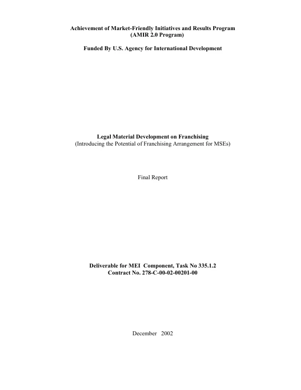 Legal material development on franchising : (introducing the potential of franchising arrangement for MSEs [micro and small-sized enterprises]) : final report