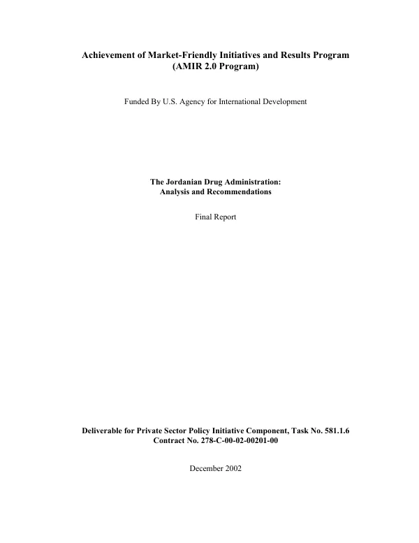 The Jordanian Drug Administration : analysis and recommendations -- final report