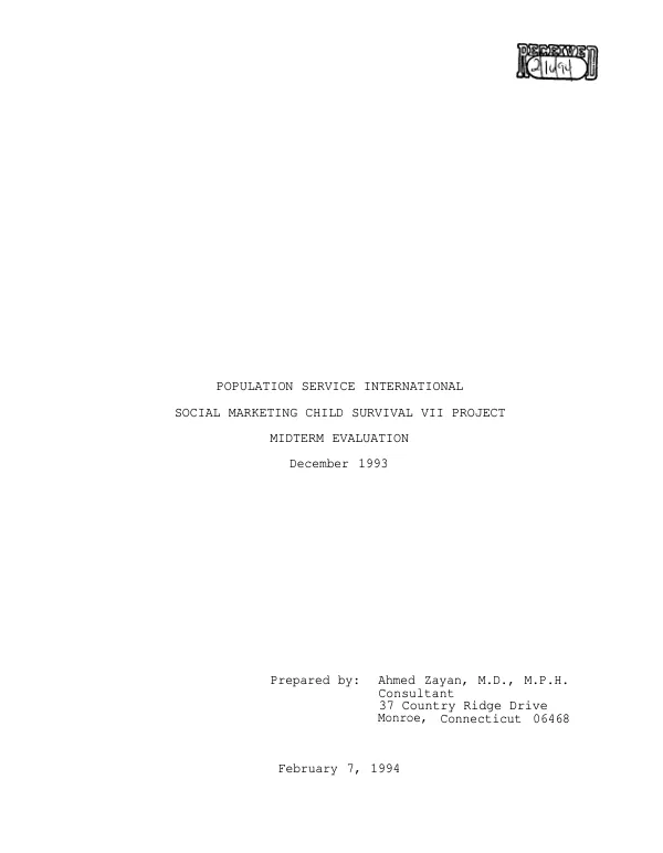 Social marketing child survival VII project : midterm evaluation, December 1993