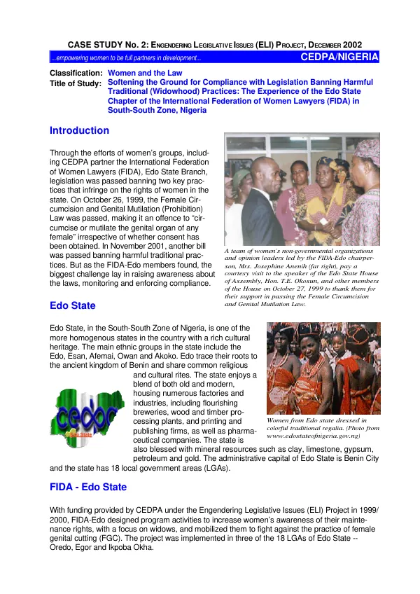 Softening the ground for compliance with legislation banning harmful traditional (widowhood) practices : the experience of the Edo State Chapter of the International Federation of Women Lawyers (FIDA) in South-South Zone, Nigeria
