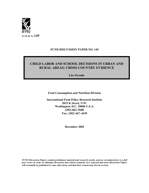 Child labor and school decisions in urban and rural areas : cross country evidence