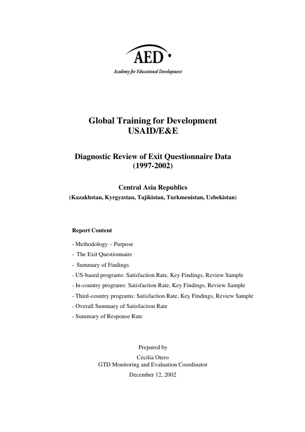 Diagnostic review of exit questionnaire data (1997-2002) : Central Asia Republics (Kazakhstan, Kyrgyzstan, Tajikistan, Turkmenistan, Uzbekistan)