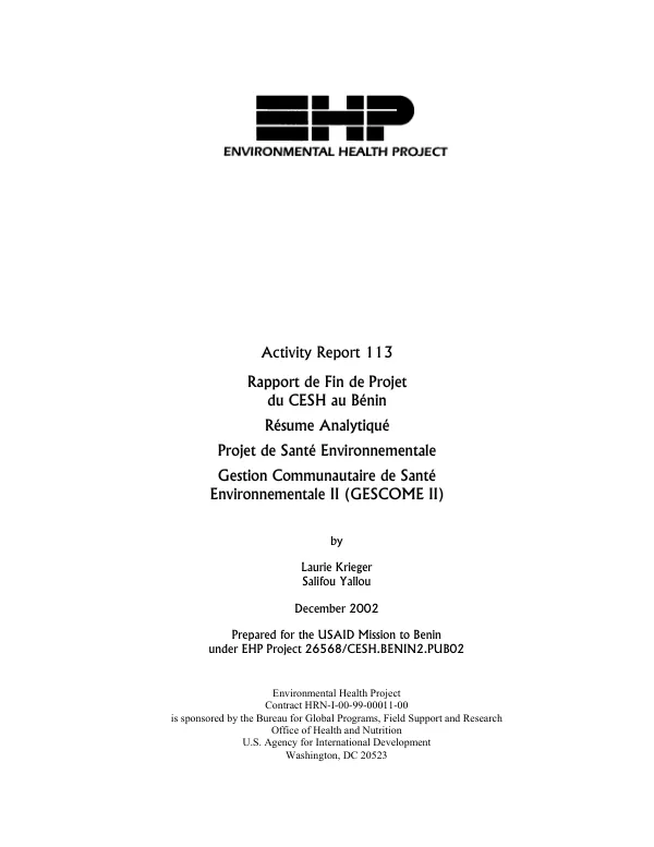 Rapport de fin de projet du CESH [community-based environmental sanitation and hygiene] au Benin : resume analytique -- projet de sante environnementale [EHP] : gestion communautaire de sante environnementale II (GESCOME II)