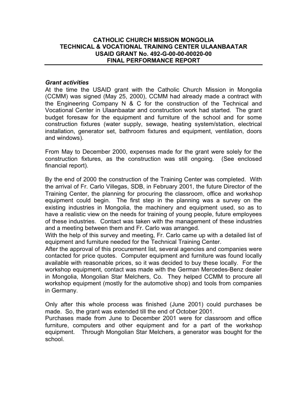 Catholic Church Mission Mongolia [CCMM] : technical & vocational training center, Ulaanbaatar -- USAID grant no. 492-G-00-00-00020-00 : final performance report