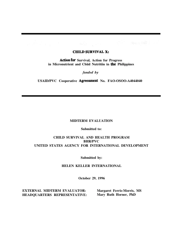 Child survival X : action for survival, action for progress in micronutrient and cbiid nutiitiin [i.e. child nutrition] in the Philippines -- mid-term evaluation
