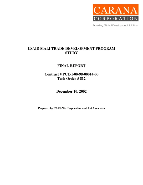 USAID Mali trade development program study : final report -- contract # PCE-I-00-98-00014-00, task order #812