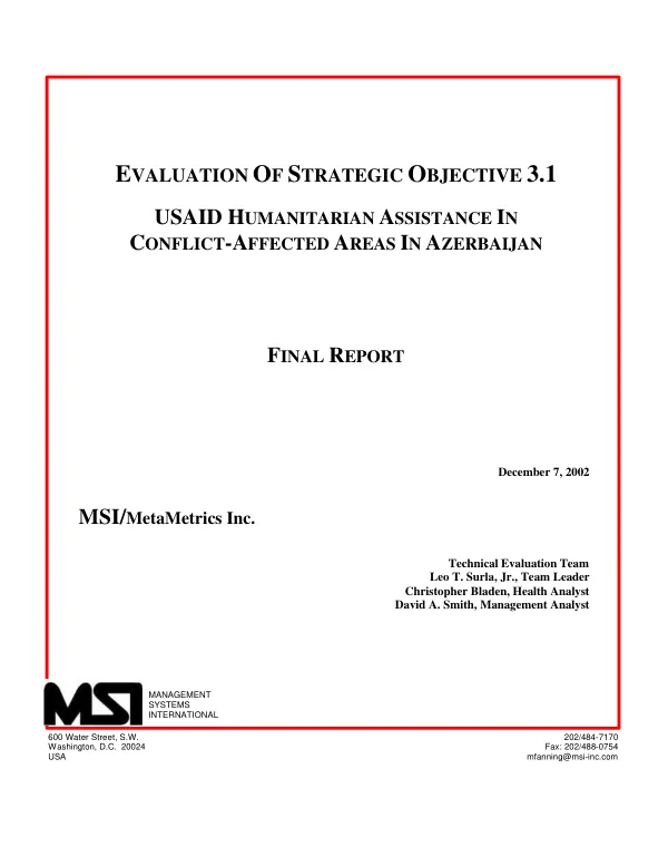 Evaluation of strategic objective 3.1 : USAID humanitarian assistance in conflict-affected areas in Azerbaijan -- final report