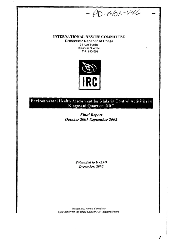 Environmental health assessment for malaria control activities in Kingasani Quartier, DRC : final report, October 2001-September 2002