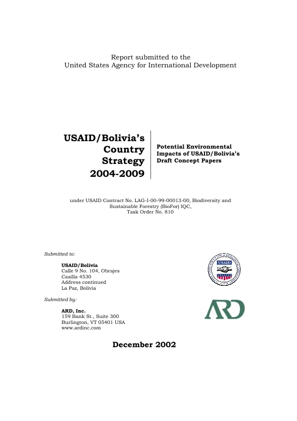USAID/Bolivia"s country strategy 2004-2009 : potential environmental impacts of USAID/Bolivia"s draft concept papers
