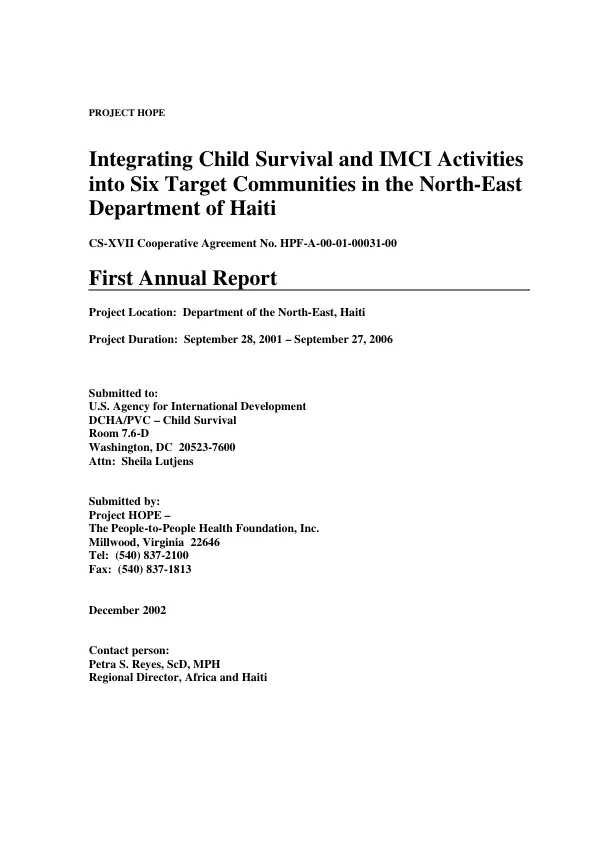 Integrating child survival and IMCI [integrated management of childhood illness] activities into six target communities in the North-East Department of Haiti : CS-XVII cooperative agreement HPF-A-00-01-00031-00 -- first annual report
