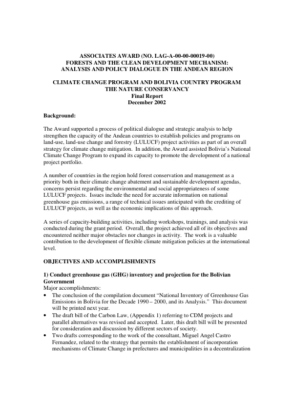 Associates award (no LAG-A-00-00-00019-00) : forests and the clean development mechanism -- analysis and policy dialogue in the Andean region : climate change program and Bolivia country program -- The Nature Conservancy : final report
