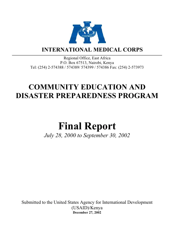 Community education and disaster preparedness program : final report, July 28,2000 to September 30, 2002