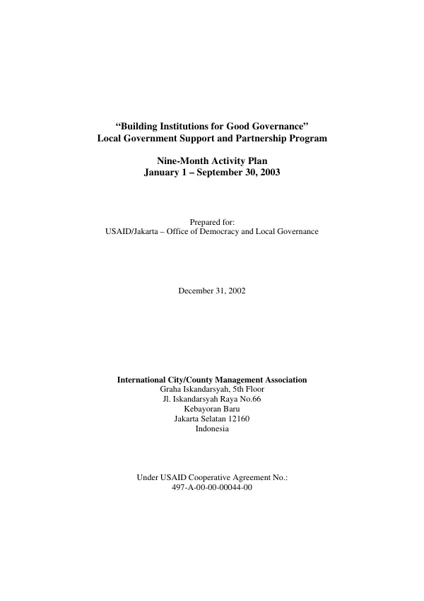 "Building institutions for good governance" : local government support and partnership program -- nine-month activity plan, January 1-September 30, 2003