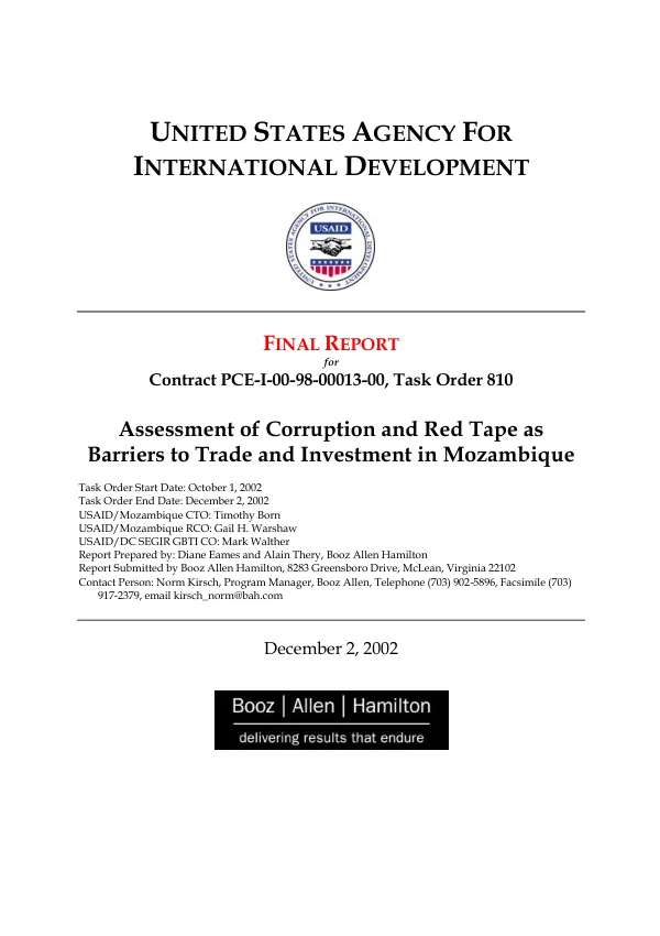 Final report : assessment of corruption and red tape as barriers to trade and investment in Mozambique