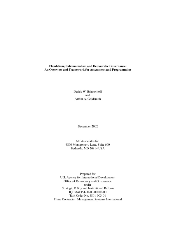Clientelism, patrimonialism and democratic governance : an overview and framework for assessment and programming