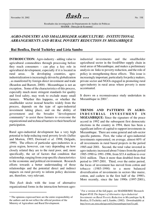 Agro-industry and smallholder agriculture : institutional arrangements and rural poverty reduction in Mozambique